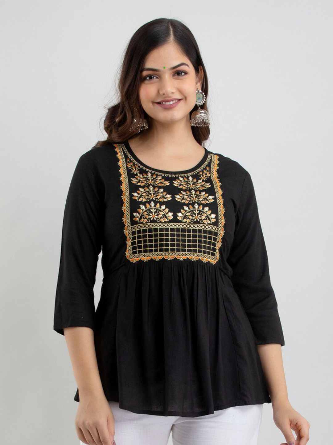 

Women Touch Embroidered Peplum Top, Black
