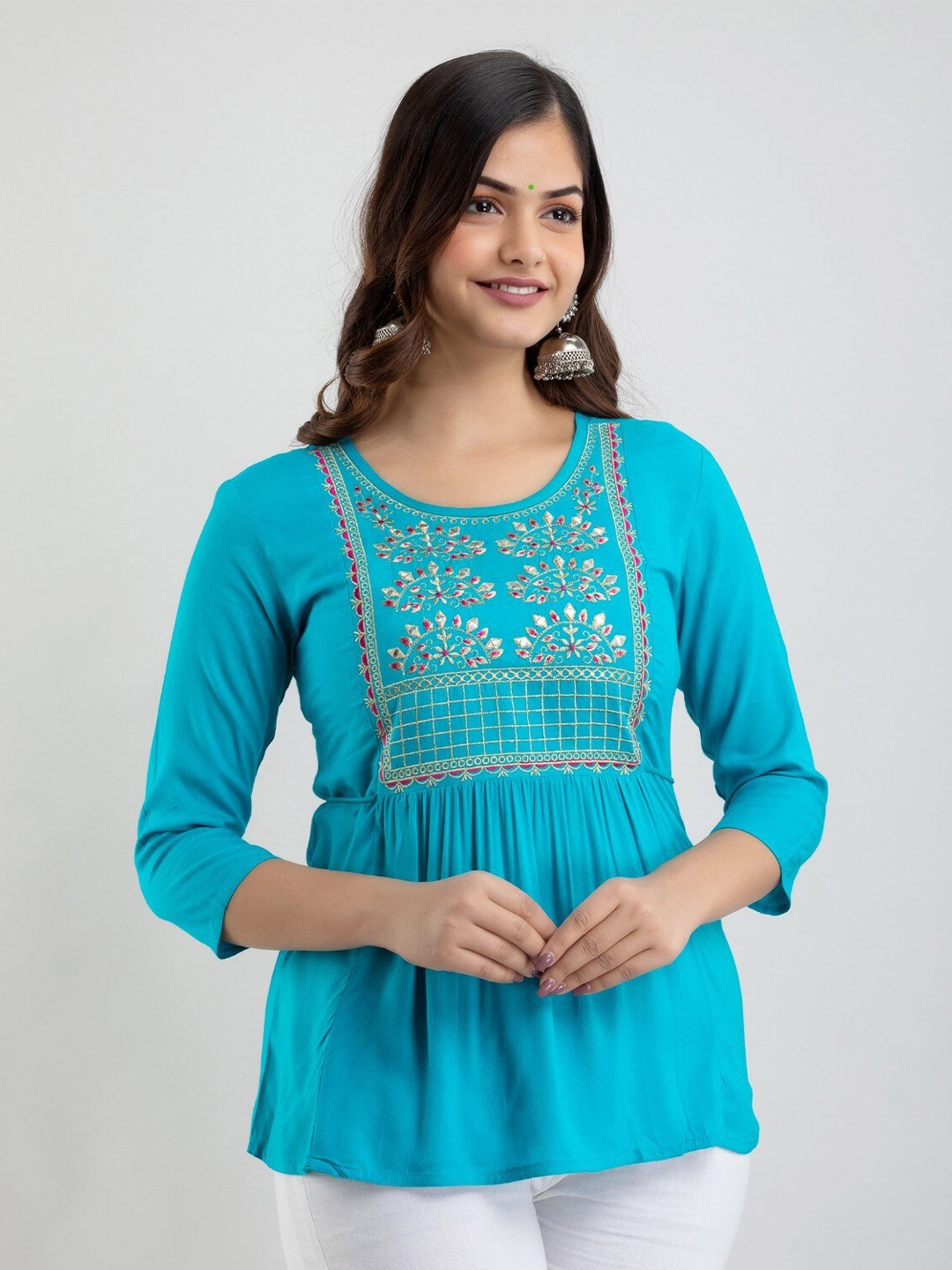 

Women Touch Embroidered Gathered A-Line Top, Turquoise blue