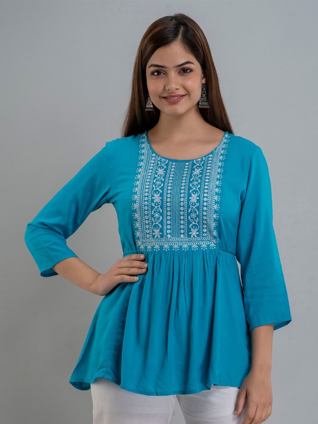 

Women Touch Floral Embroidered Peplum Top, Turquoise blue