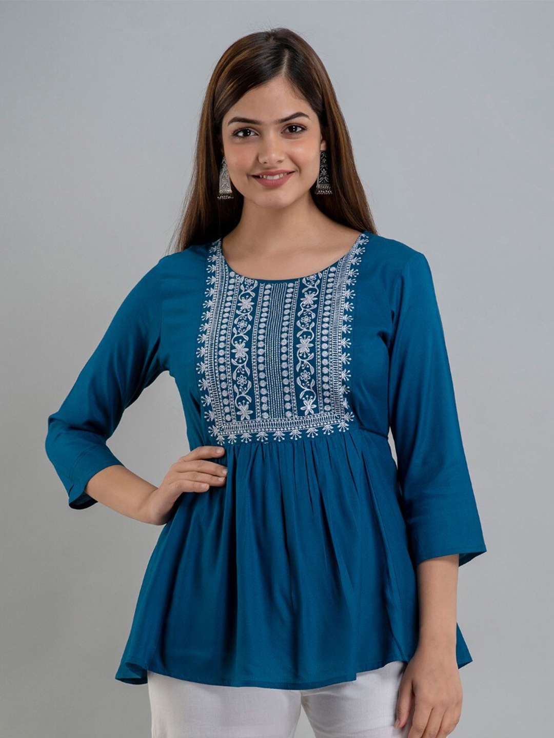 

Women Touch Embroidered Gathered A-Line Top, Blue