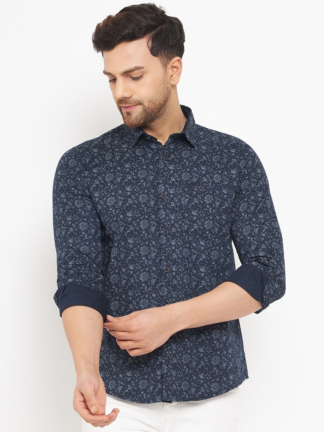 

Duke Men Slim Fit Printed Casual Cotton Shirt, Navy blue