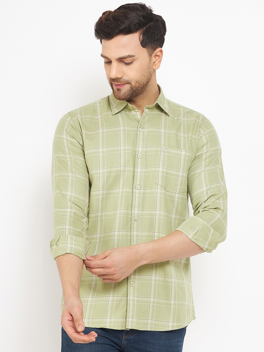 

Duke Men Slim Fit Windowpane Checks Checked Casual Cotton Shirt, Green
