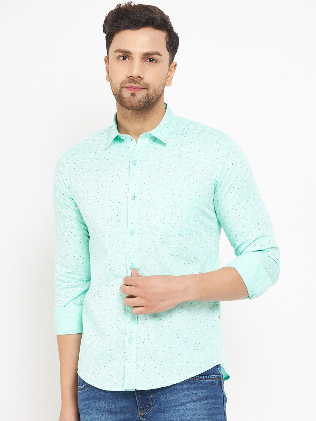 

Duke Men Printed Slim Fit Knitted Cotton Casual Shirt, Sea green