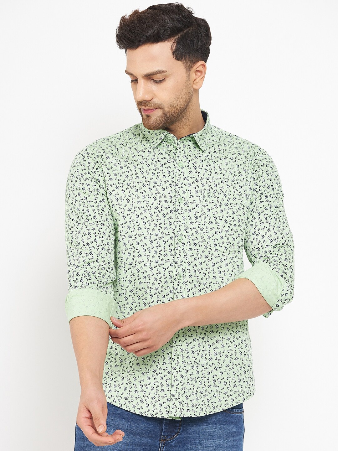 

Duke Men Printed Slim Fit Knitted Cotton Casual Shirt, Sea green