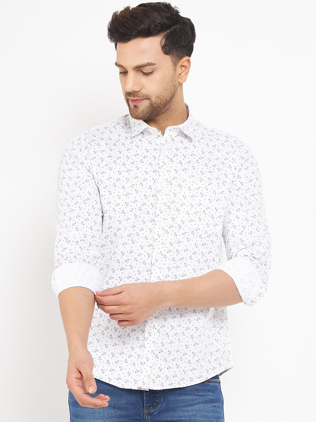 

Duke Men Slim Fit Floral Printed Knitted Cotton Casual Shirt, White