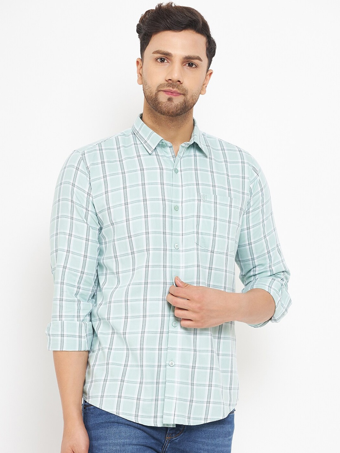 

Duke Men Slim Fit Checked Knitted Cotton Casual Shirt, Sea green