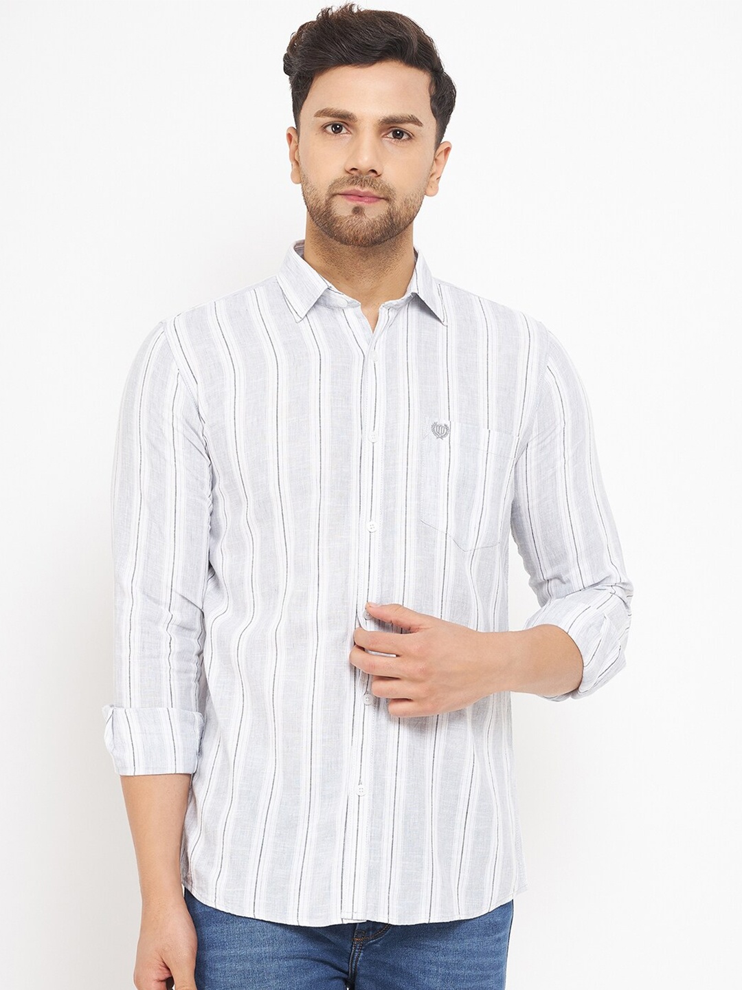 

Duke Men Slim Fit Striped Knitted Cotton Casual Shirt, Grey