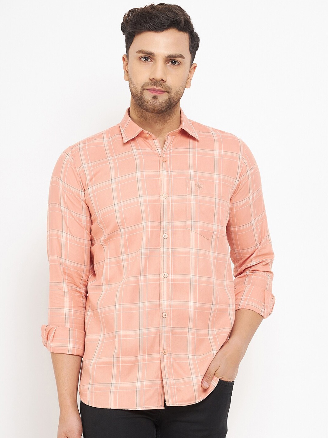 

Duke Men Slim Fit Windowpane Checked Cotton Knitted Casual Shirt, Orange