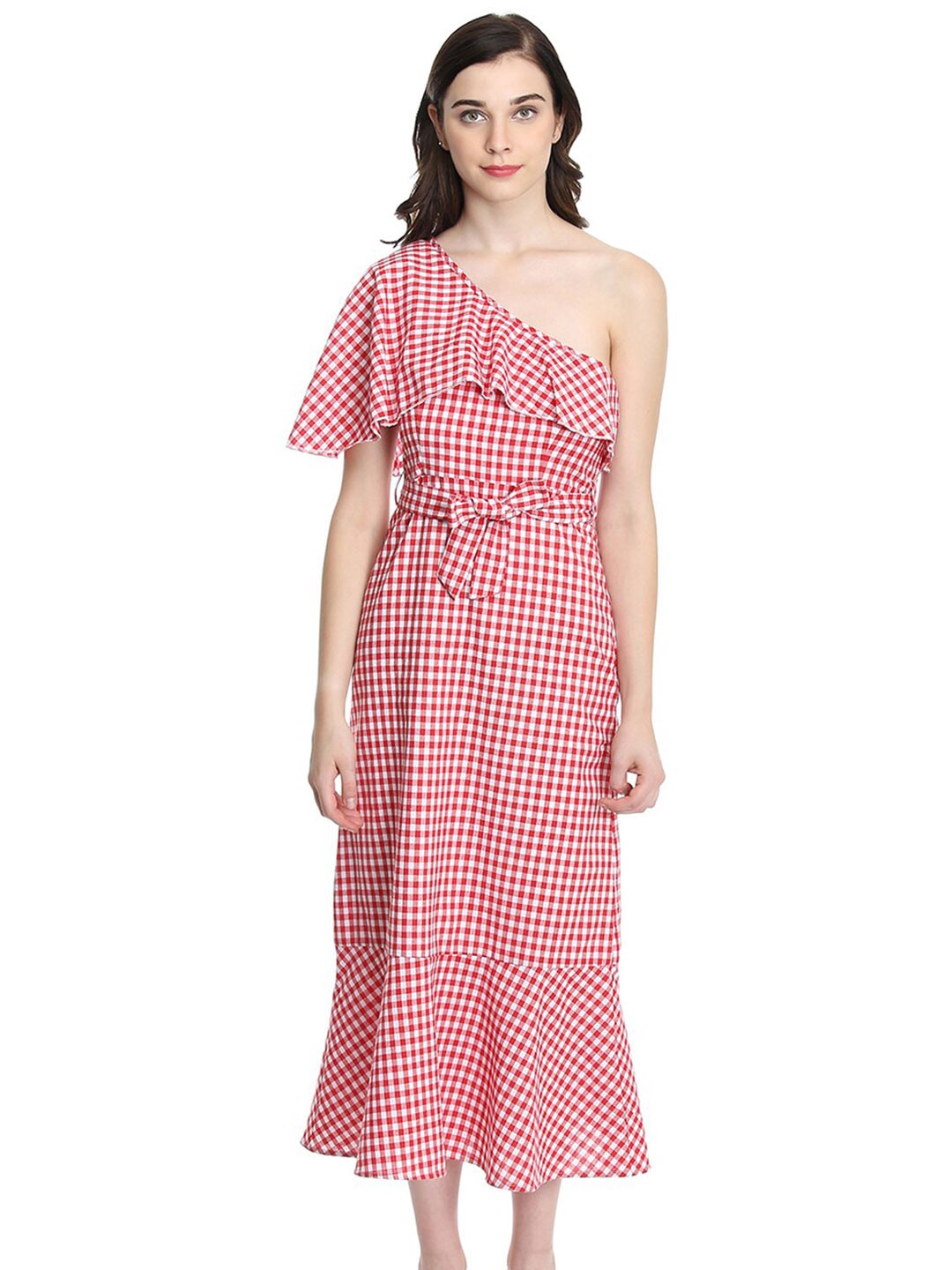 

DODO & MOA Checked One Shoulder A-Line Midi Dress, Red