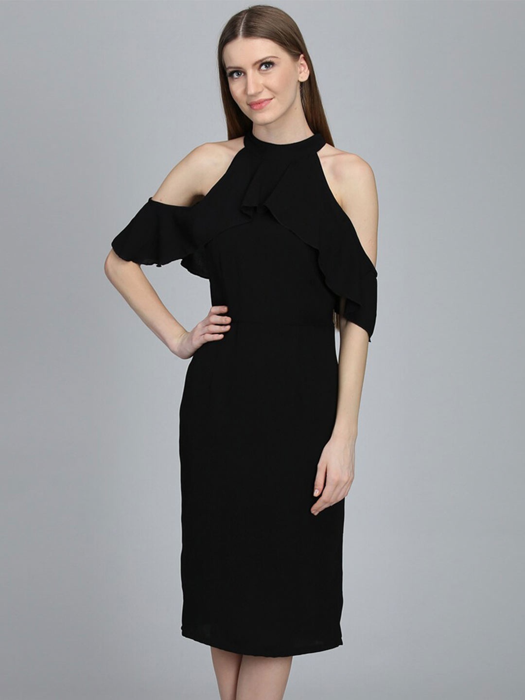 

DODO & MOA Halter Neck Crepe Sheath Midi Dress, Black