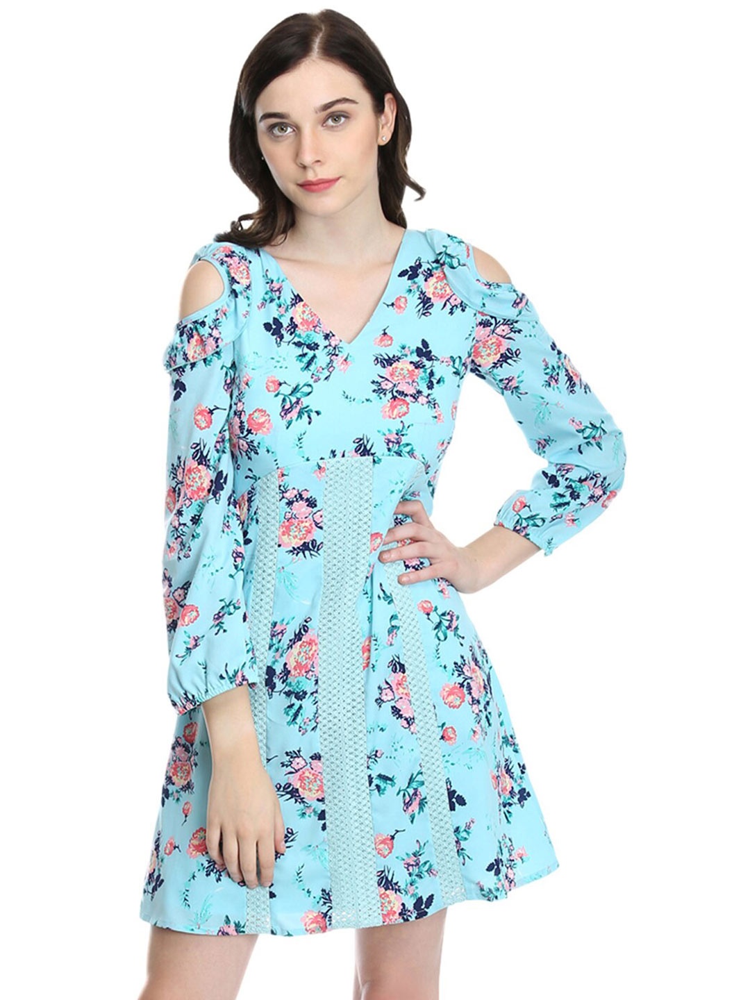 

DODO & MOA Floral Printed Georgette A-Line Dress, Turquoise blue