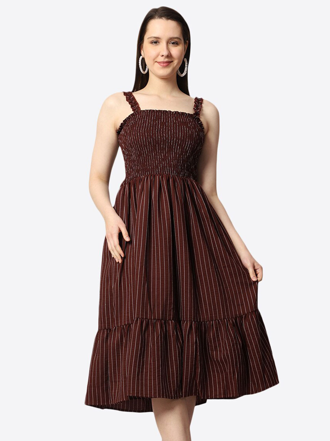 

Prettify Striped Smocked Midi Cotton Dress, Coffee brown