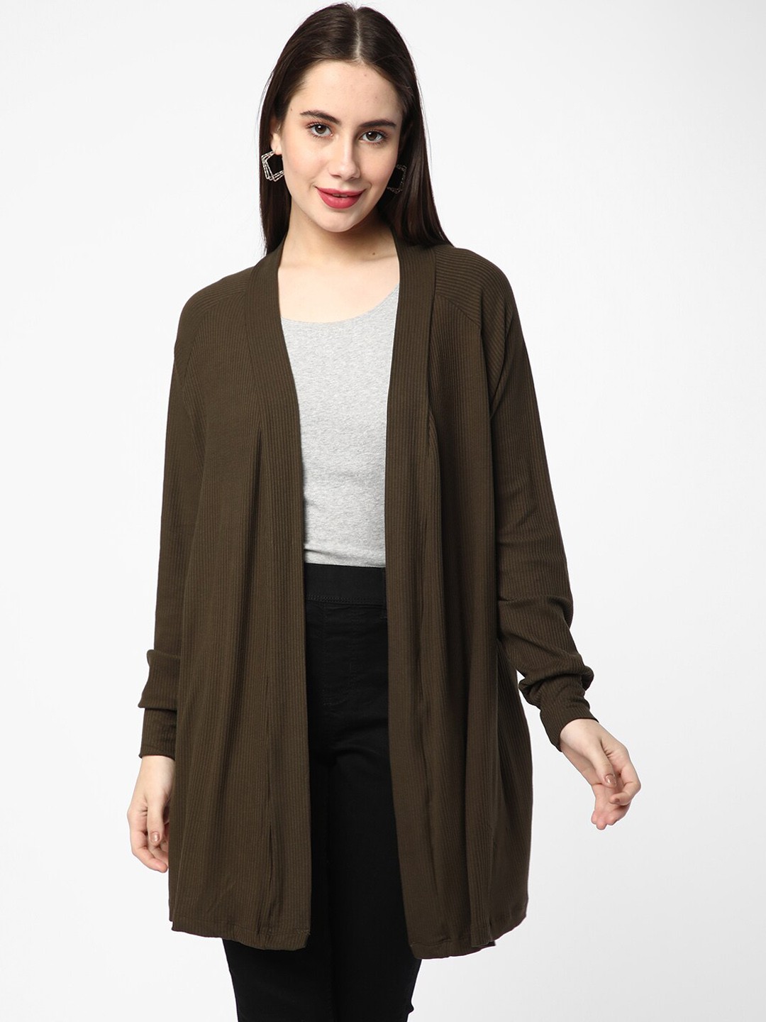 

R&B Women Striped Longline Shrug, Olive