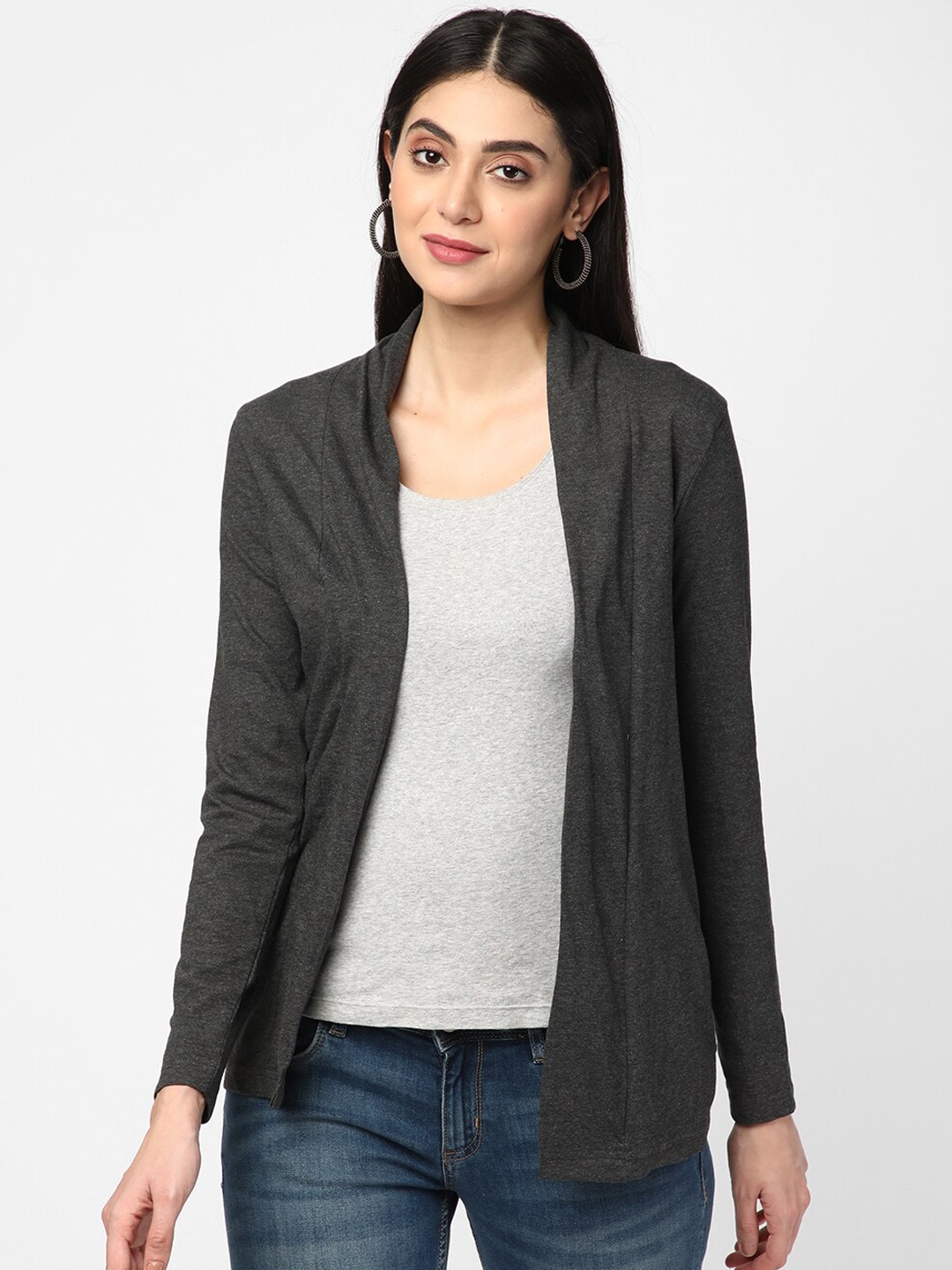 

R&B Women Solid Cotton Longline Open Front Shrug, Charcoal