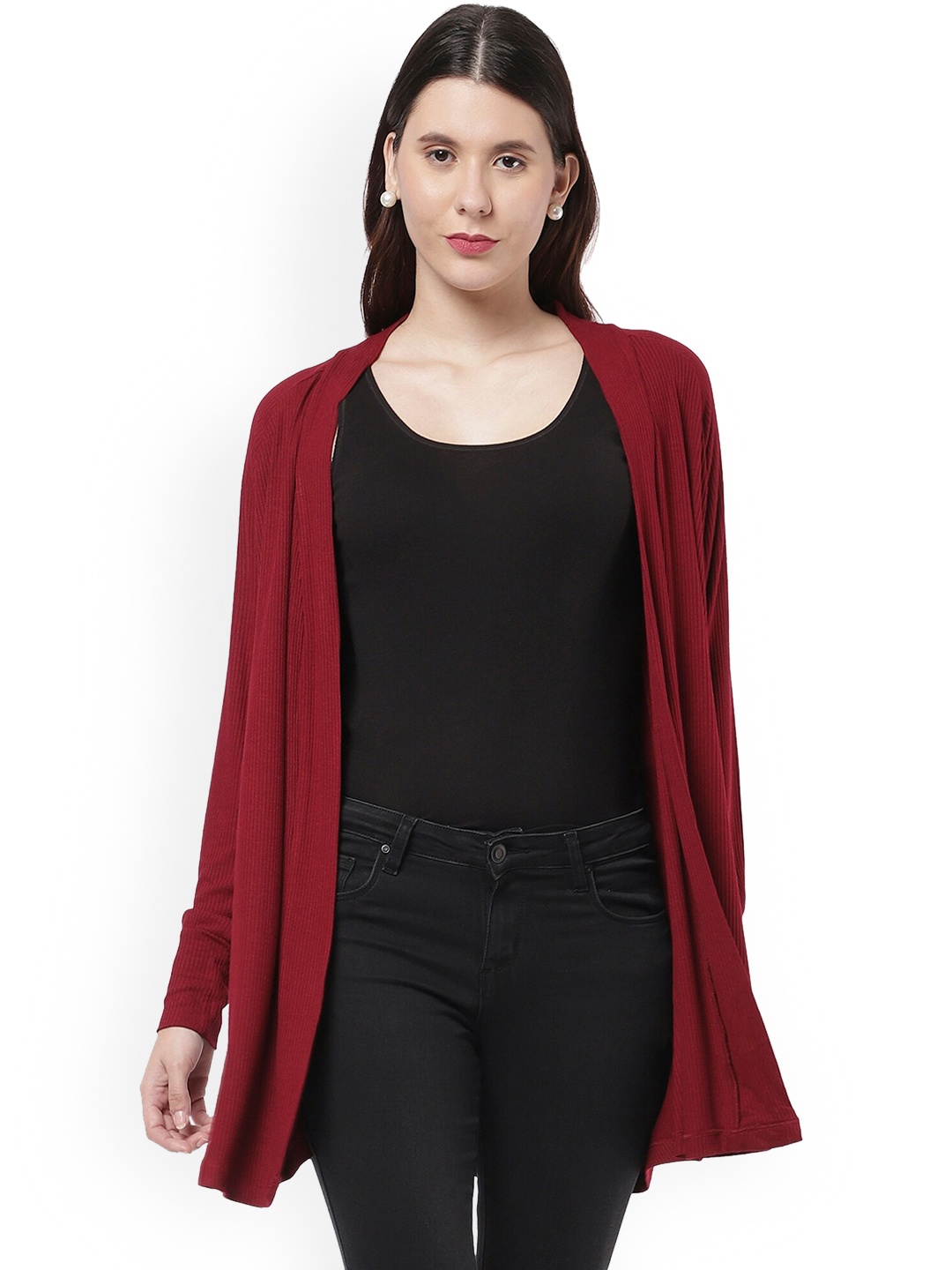 

R&B Women Ribbed Longline Open Front Shrug, Maroon