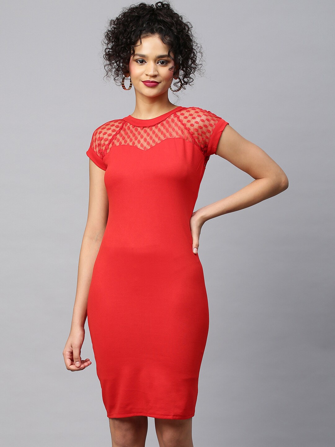 

VAANI CREATION Boat Neck Extended Sleeves Sheath Dress, Red