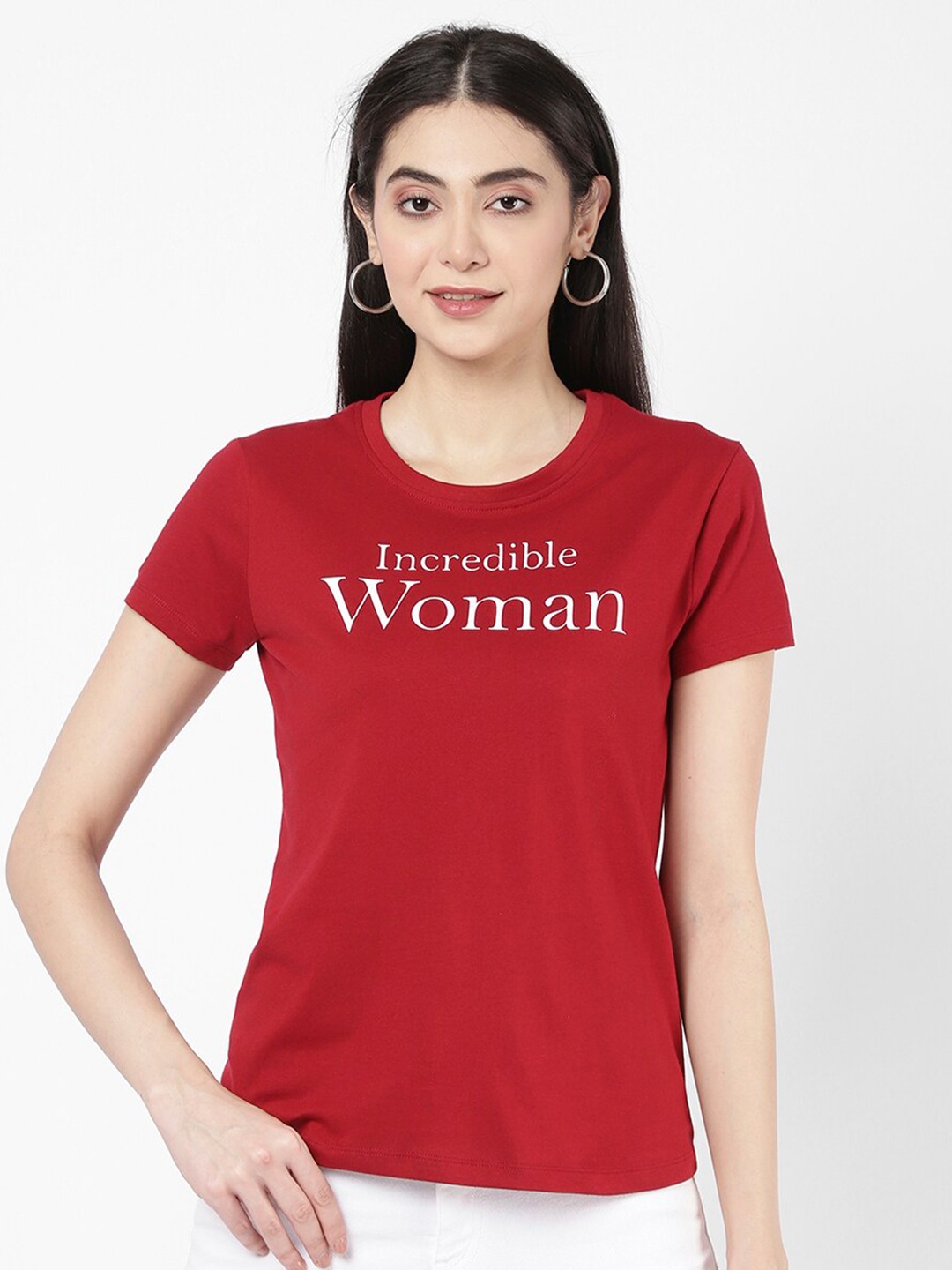 

R&B Women Typography Printed Cotton T-shirt, Red