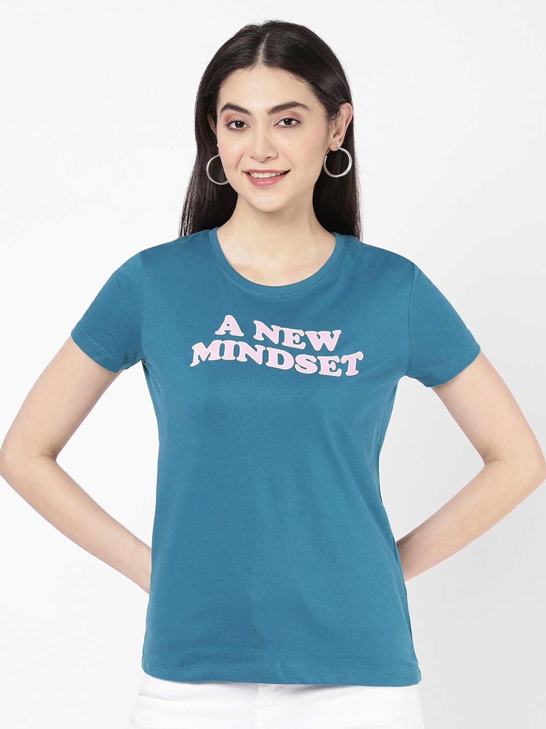 

R&B Women Typography Printed Round Neck Cotton T-shirt, Blue