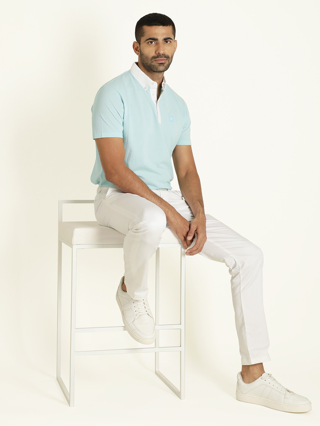 

RARE RABBIT Men Parma Polo Collar Slim Fit Cotton T-Shirt, Turquoise blue