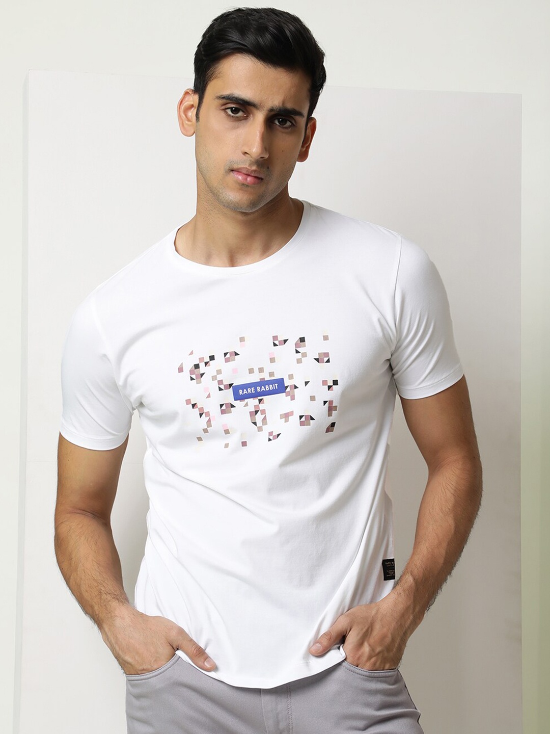 

RARE RABBIT Men Byte Slim Fit Cotton T-Shirt, White