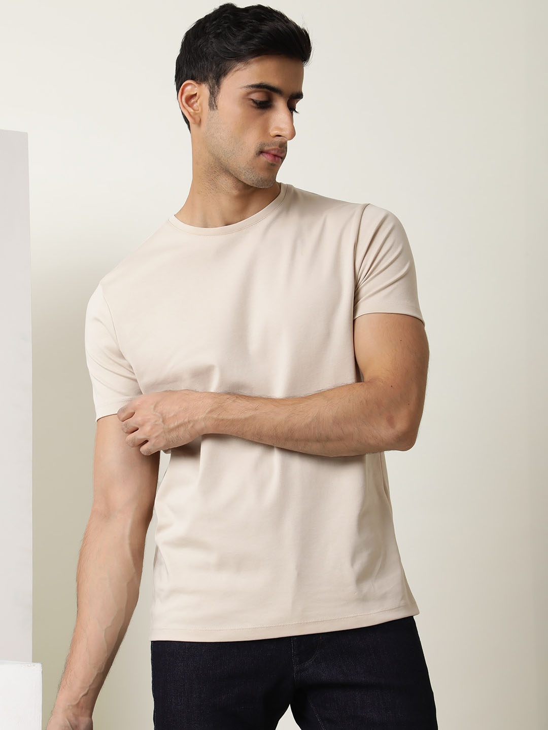 

RARE RABBIT Men Gis Slim Fit Cotton T-Shirt, Beige