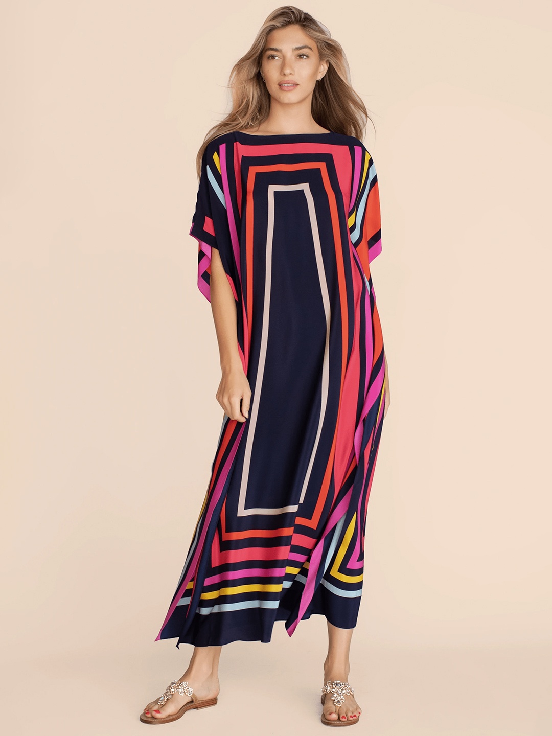

Navvi Black & Peach-Coloured Satin Kaftan Maxi Dress