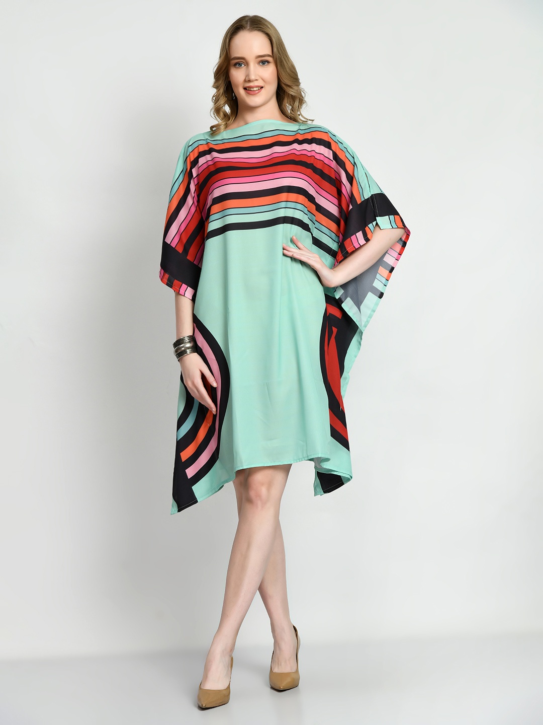 

Navvi Satin Boat Neck A-Line Kaftan Dress, Green