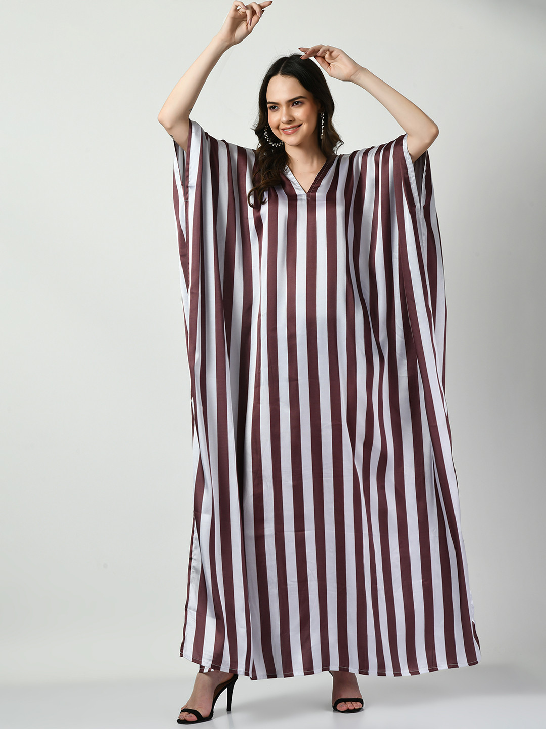 

Navvi Striped Satin V-Neck Kaftan Maxi Dress, Brown