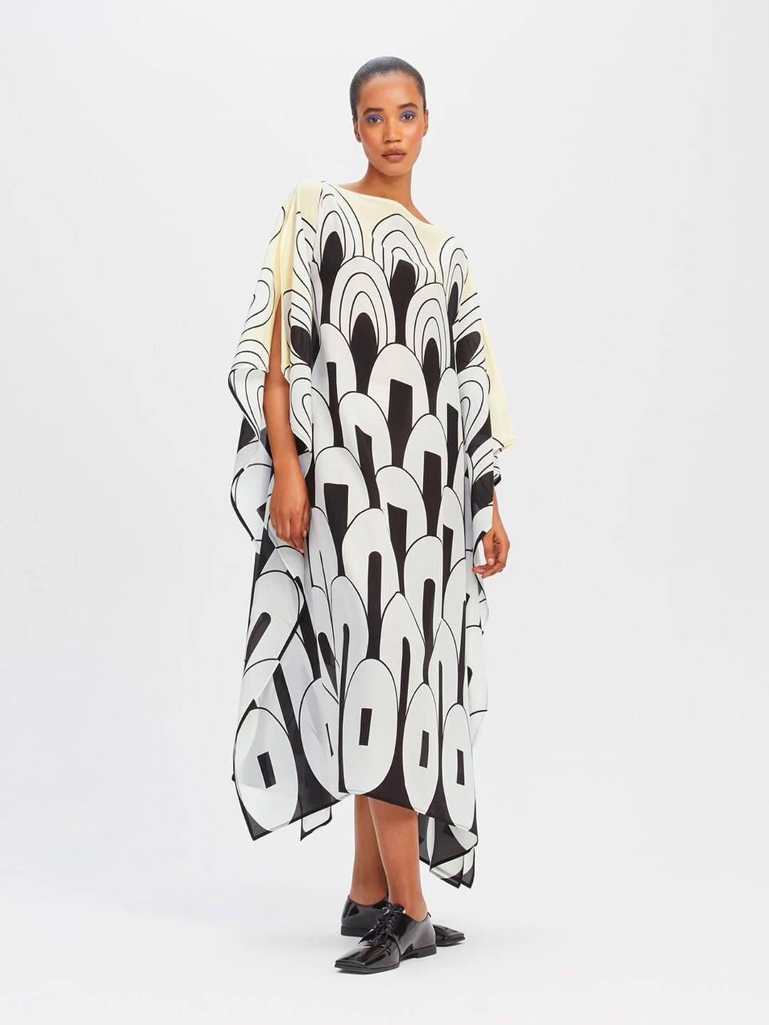 

Navvi Satin Geometric Printed Boat Neck Maxi Dress, White