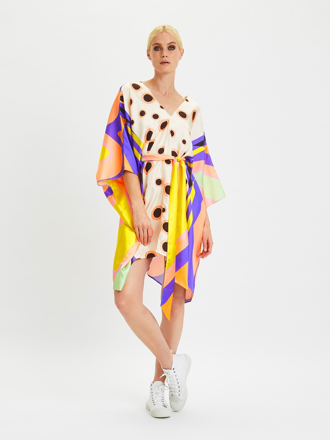 

Navvi V-Neck Striped Satin Belted Kaftan Dress, Cream