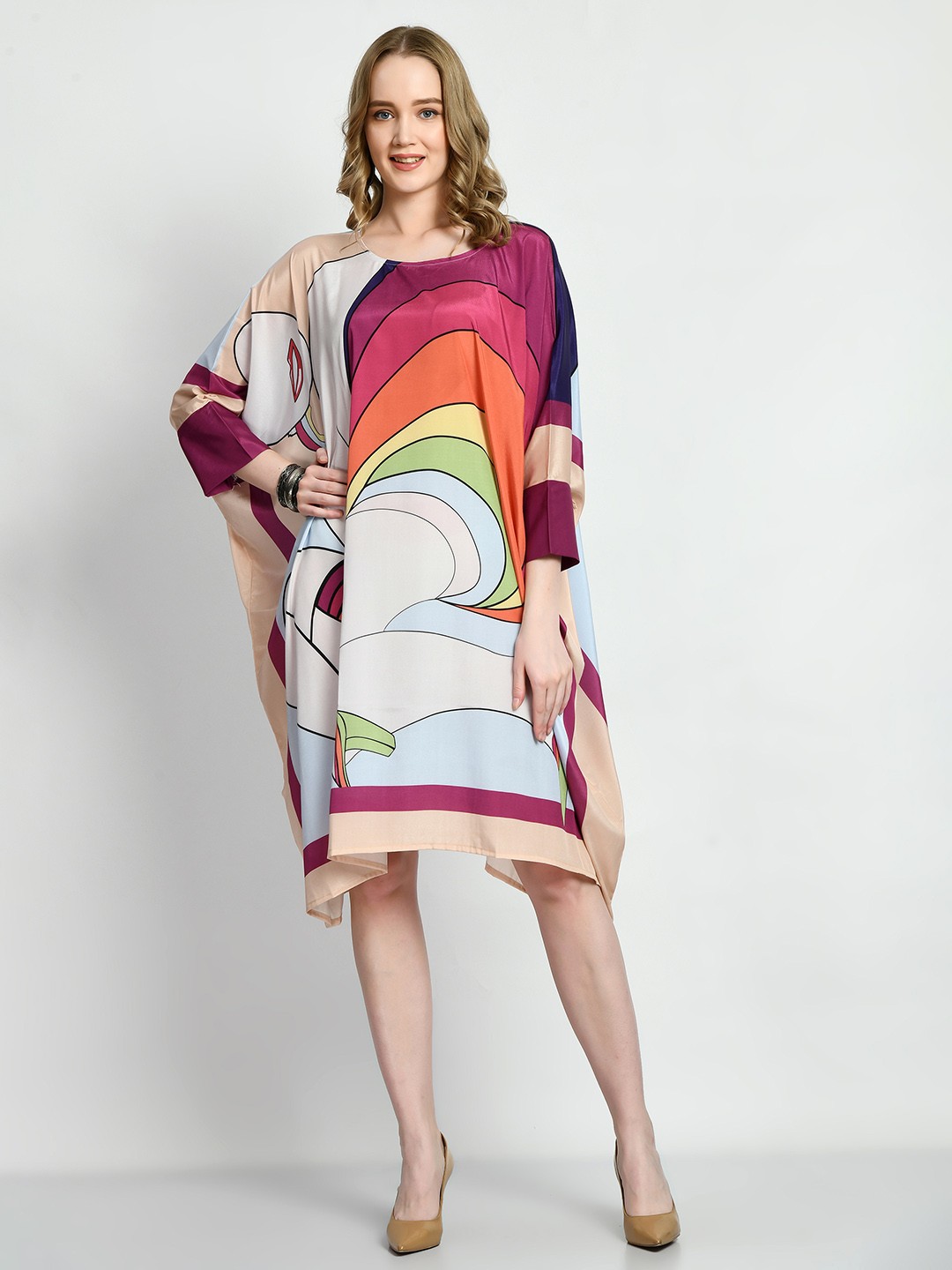 

Navvi Satin Abstract Printed Kaftan Dress, Pink