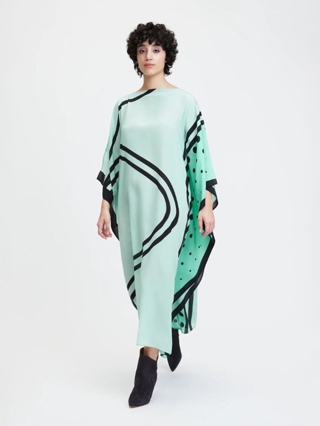 

Navvi Satin Boat Neck Striped Kaftan Maxi Dress, Sea green