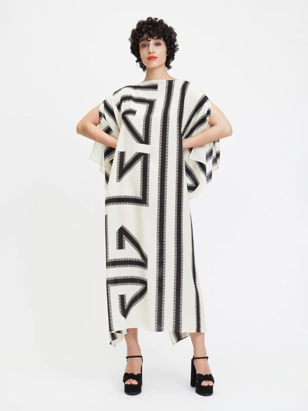 

Navvi Striped Boat Neck Satin Kaftan Maxi Dress, Black