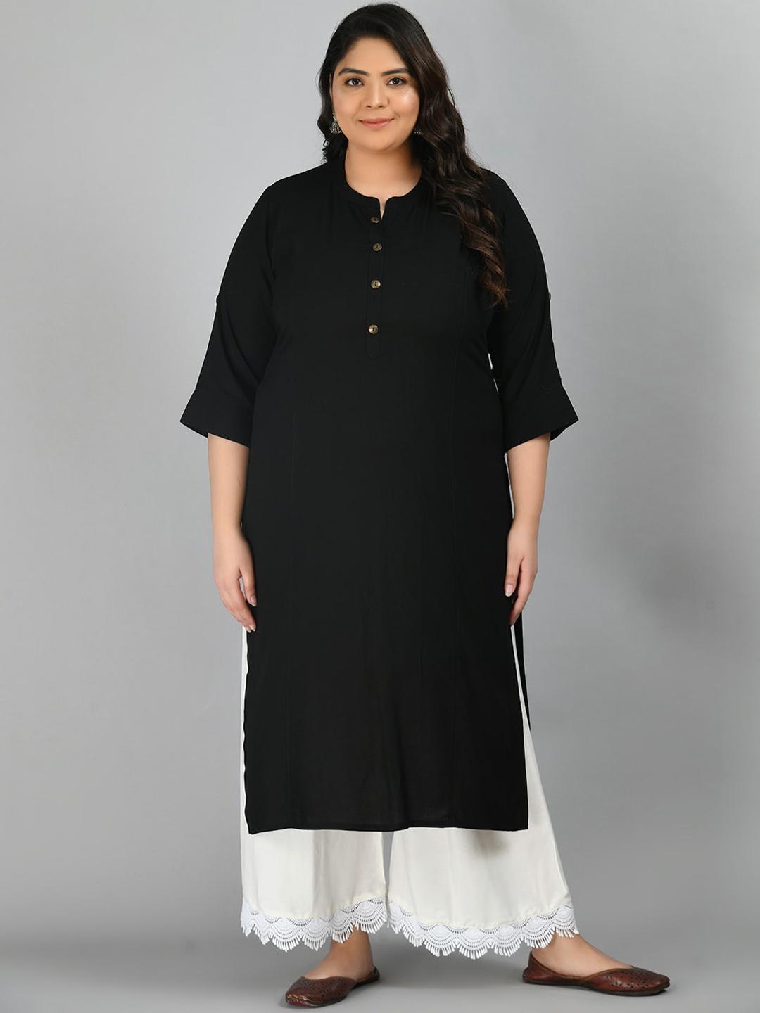 PrettyPlus by Desinoor.com Plus Size Staright Band Collar Kurta, Black