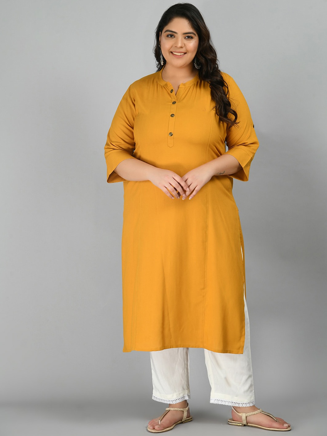 PrettyPlus by Desinoor.com Women Plus Size Kurta, Mustard