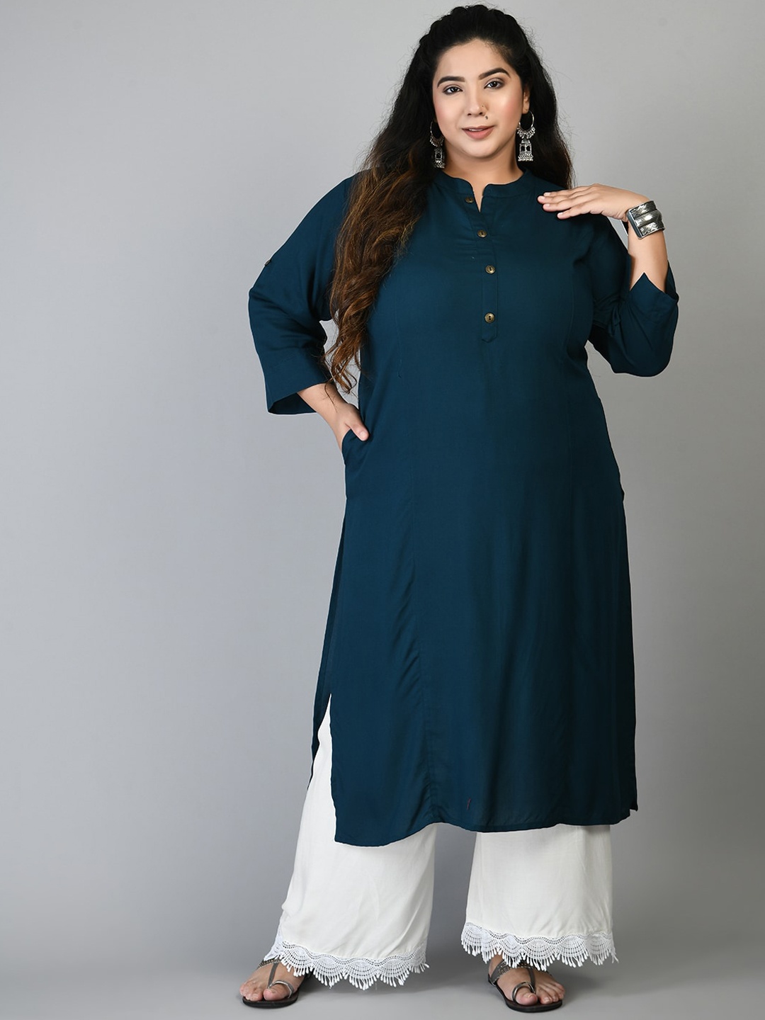 PrettyPlus by Desinoor.com Women Plus Size Kurta, Teal