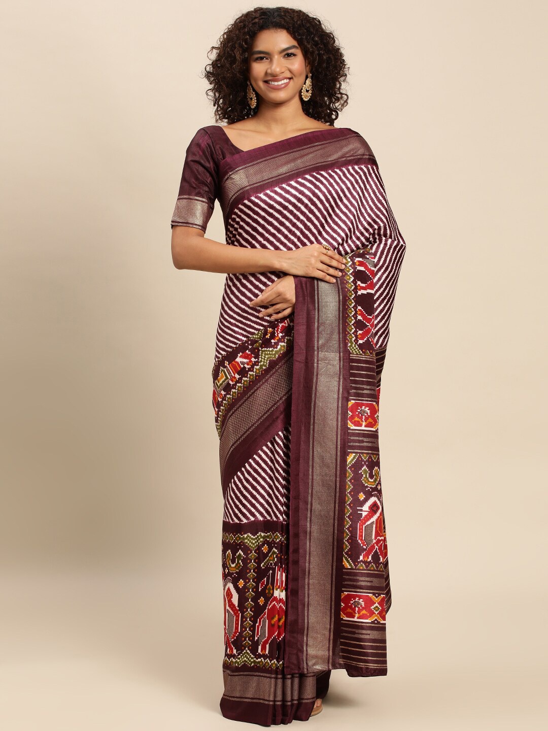 

AVANSHEE Leheriya Printed Zari Border Saree, Brown