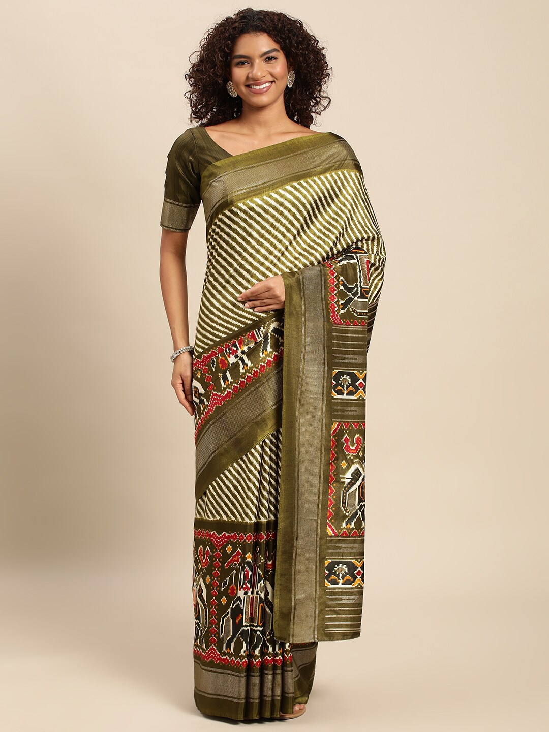 

AVANSHEE Ethnic Printed Zari Bordered Saree, Olive