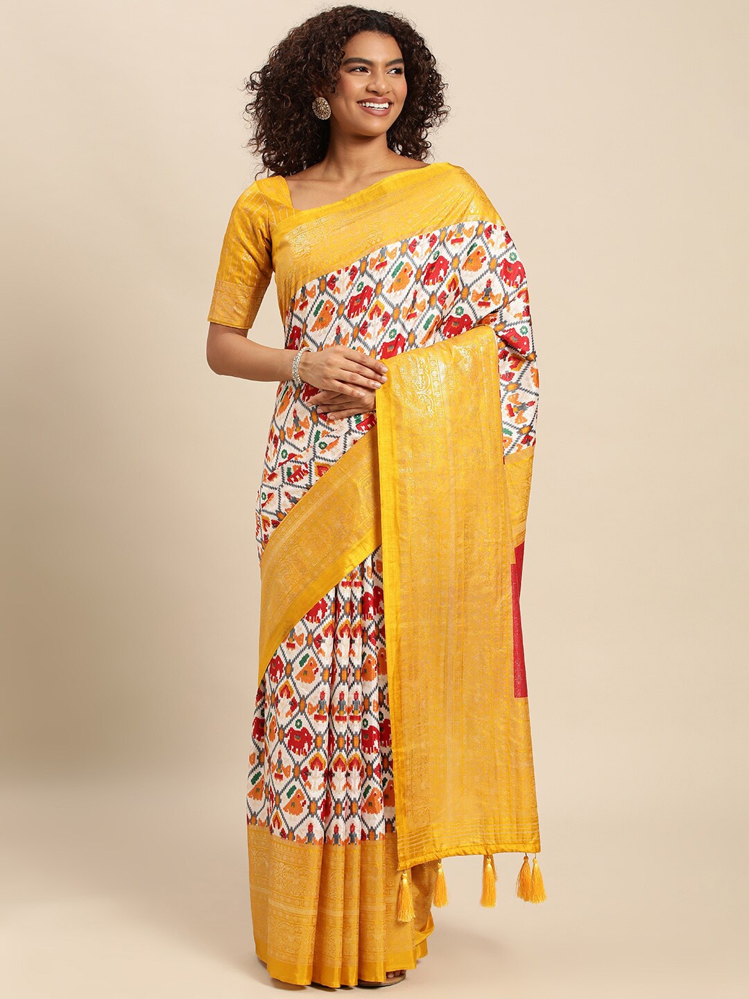 

AVANSHEE Printed Ethnic Motifs Zari Saree, Mustard
