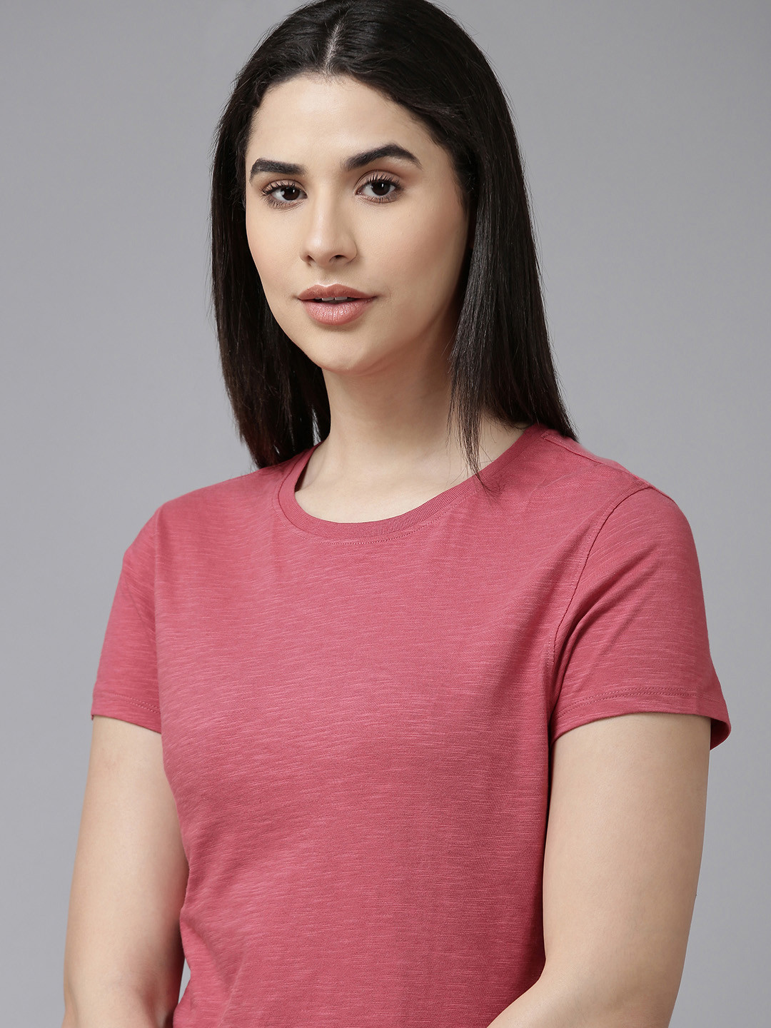 

Van Heusen Women Solid Round Neck Knitted Pure Cotton Lounge T-shirt, Pink