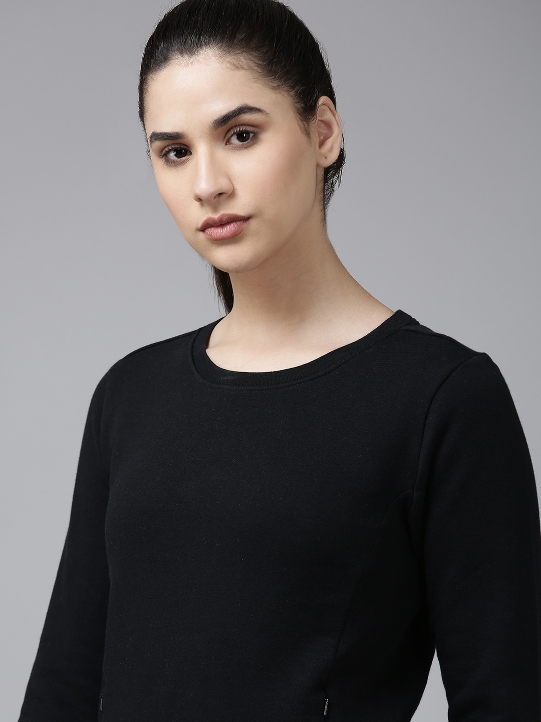 

Van Heusen Athleisure Women Round Neck Concealed Zipper Pocket Sweatshirt, Black