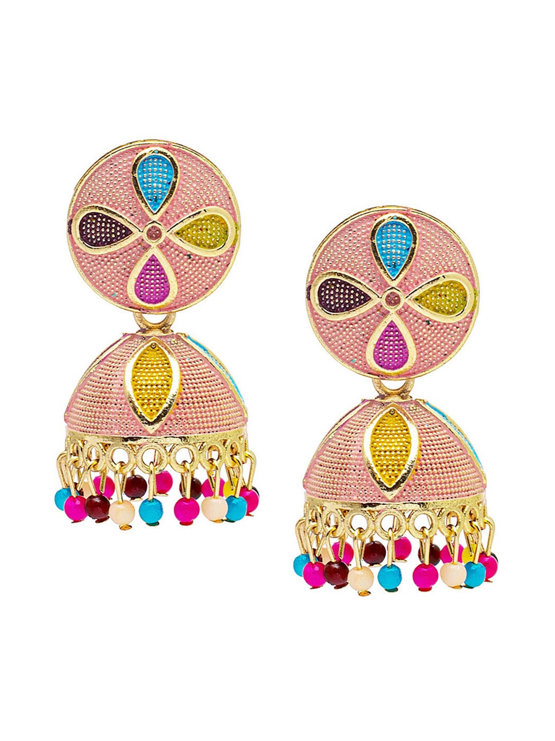 

Shining Jewel - By Shivansh Gold-Plated Dome Shaped Jhumkas Earrings, Pink
