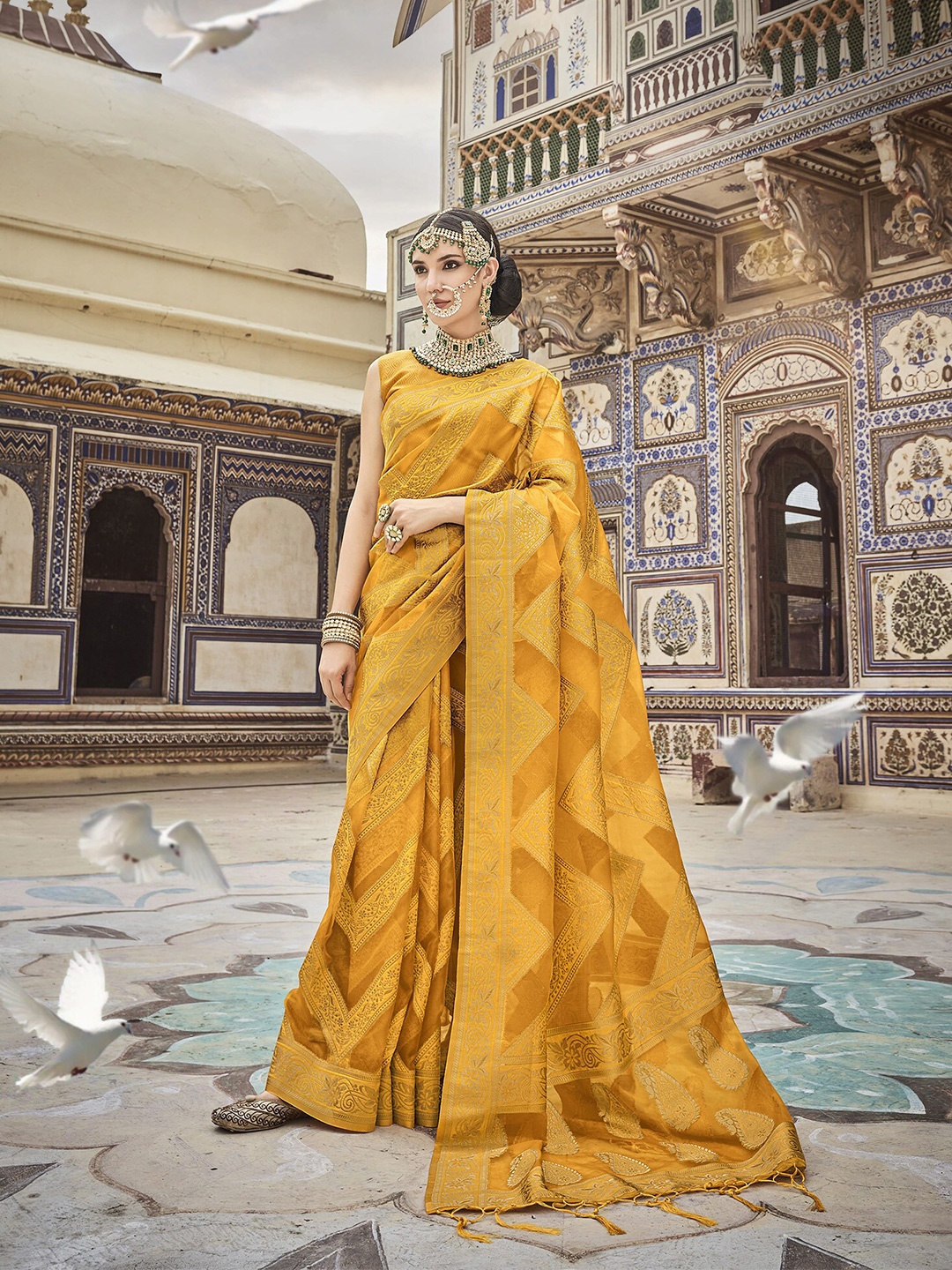 

elora Woven Design Ethnic Motifs Zari Organza Saree, Orange