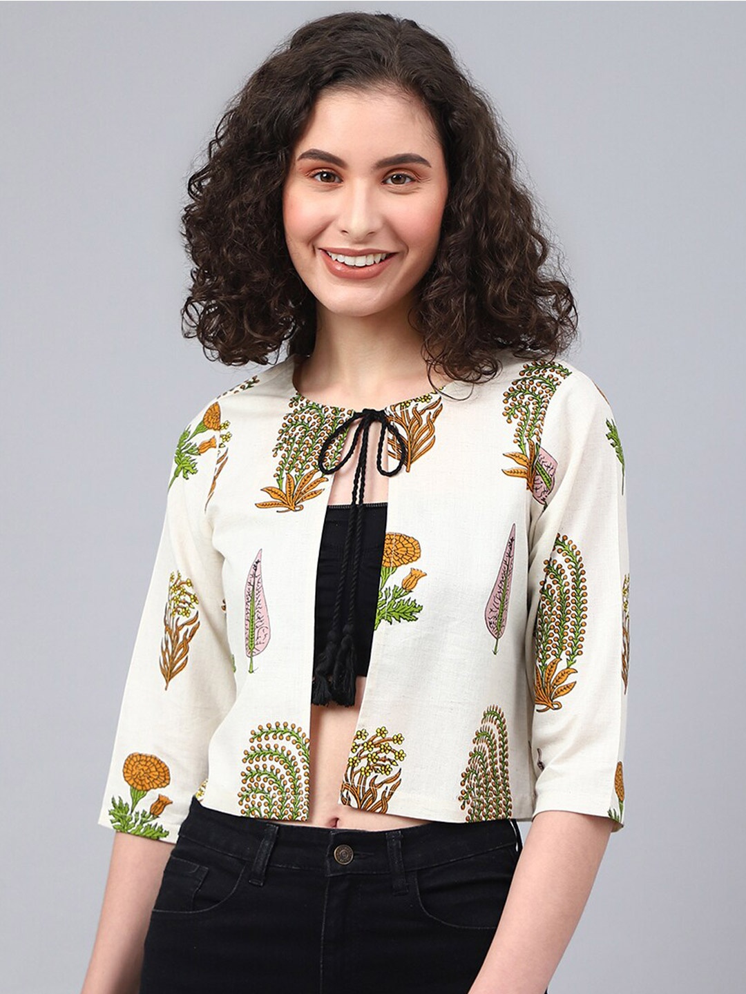 

DEEBACO Women Printed Cotton Tie-Up Crop Shrug, Off white