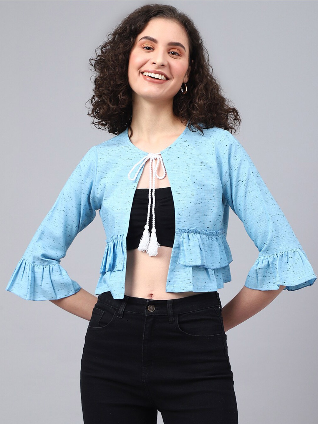 

DEEBACO Women Printed Crop Tie-Up Shrug, Blue