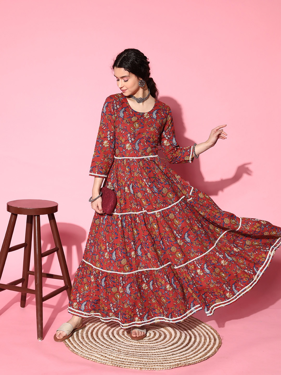 

InWeave Red Floral Tiered Maxi Dress With Tie-Up Detail