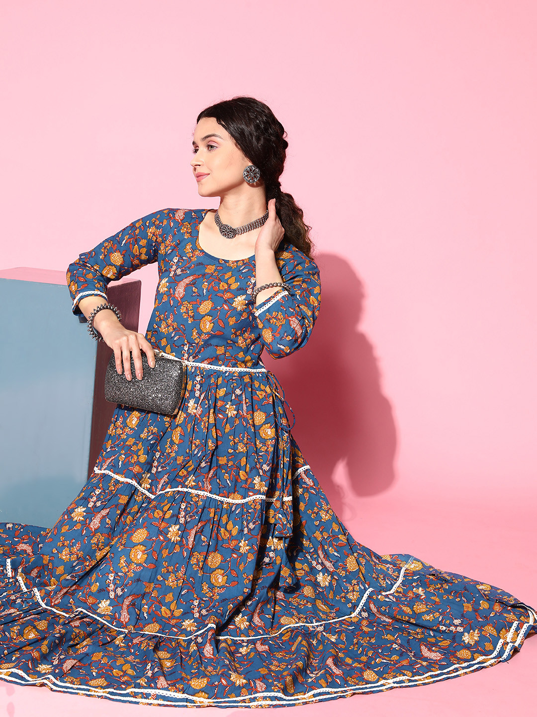 

InWeave Navy Blue Floral Tiered Maxi Ethnic Ethnic Dress With Tie-Up Detail