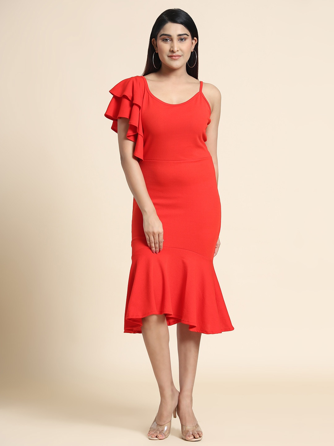 

VAANI CREATION Flutter Sleeves Flounce Sheath Midi Dress, Red