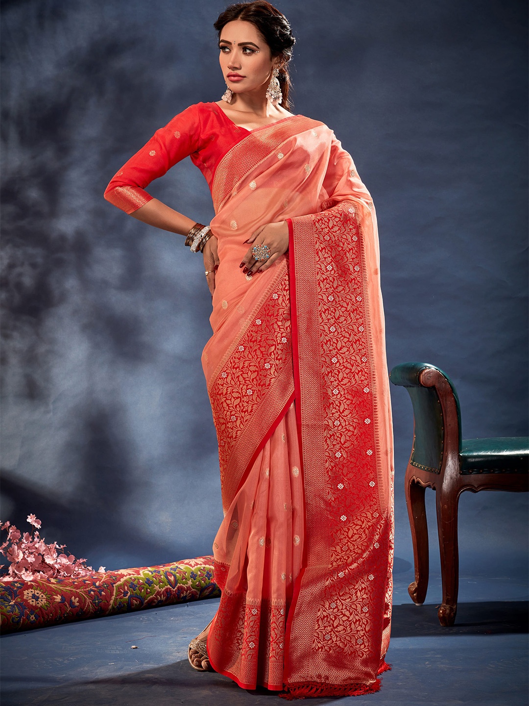 

elora Woven Design zari boardered Designer Saree, Orange