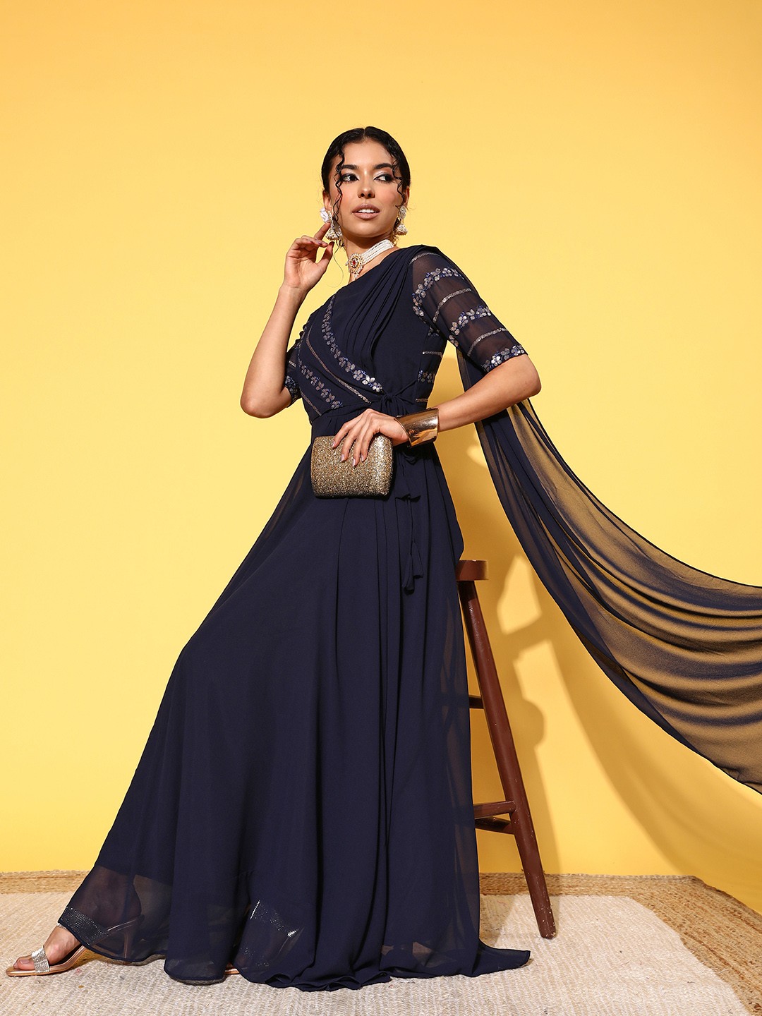 

Inddus Navy Blue Floral Embroidered Embellished Georgette Maxi Draped Ethnic Gown